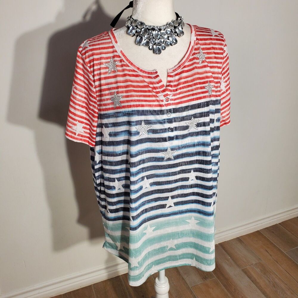 THOMAS & OLIVIA PATRIOTIC BLOUSE SHORT SLEEVE COTTON/POLYESTER SIZE 1X